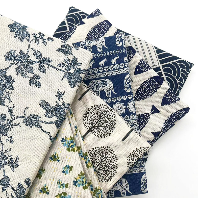 Home Textiles Discount - 빈티지 블루 플로럴 코튼 린넨 원단,