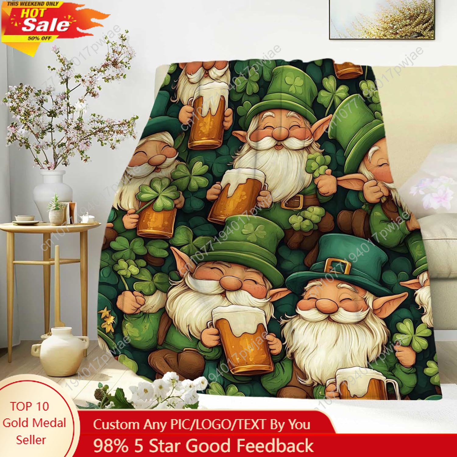 Home Textiles & Decorations - 성 패트릭의 날 요정 담요, 맥주잔과
